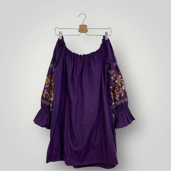 FREE PEOPLE FLEUR DU JOUR OFF-THE-SHOULDER EMBROIDERY DRESS PURPLE Sz L - Picture 10 of 13